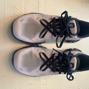 On Running Womens Sneakers - light purple and pink, navy blue trim.